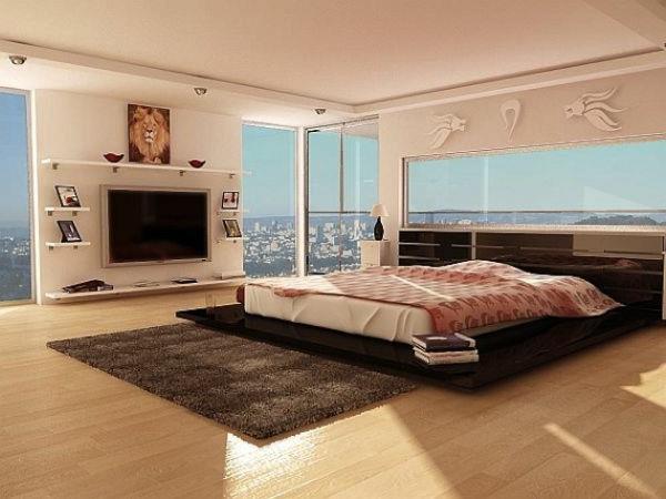 μοντέρνο υπνοδωμάτιο με θέα τη μεγάλη γούνα της πόλης
