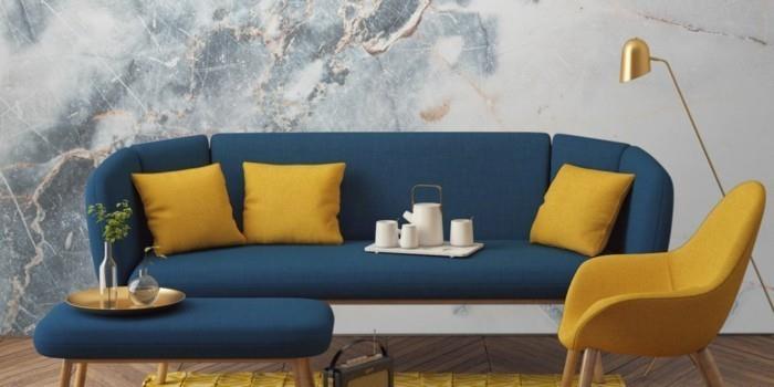 μοντέρνος καναπές μπλε αποχρώσεις κίτρινες μαξιλάρες πολυθρόνες