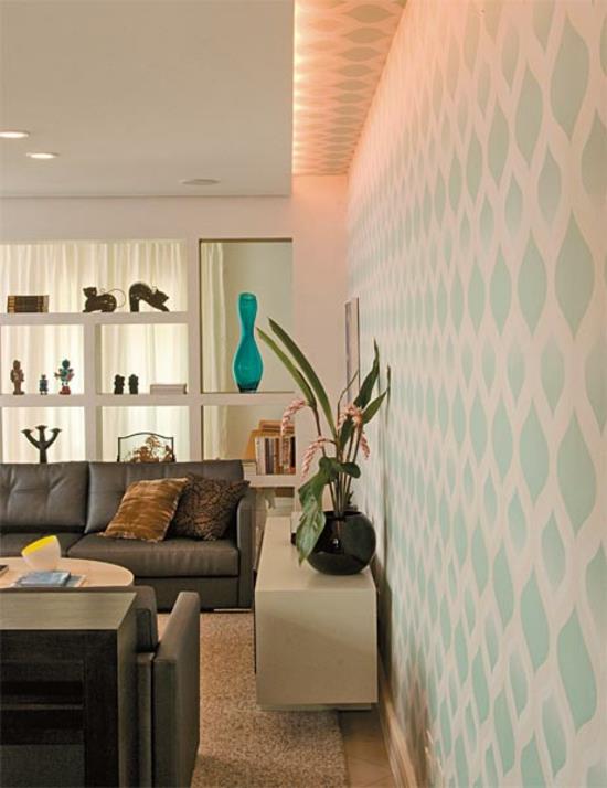 μοντέρνο σαλόνι δροσερό έπιπλα ιδέες ταπετσαρία τοίχου μοτίβο πράσινο