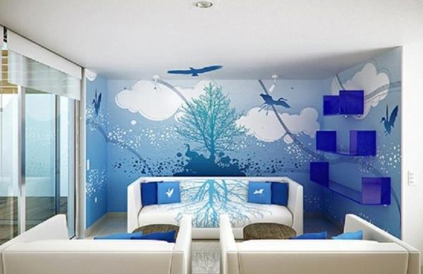 μοντέρνο σαλόνι σχεδιασμός μπλε τοίχο ταπετσαρία ουρανό