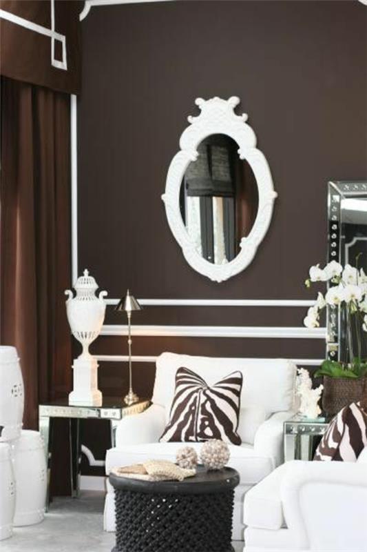μοντέρνο σαλόνι σχεδιασμός τοίχου χρώμα καφέ αποχρώσεις καθρέφτη πολυθρόνα