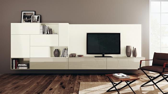 μοντέρνο σαλόνι ιδέες επίπλωσης τηλεόραση μονάδα τοίχου μινιμαλιστική τοποθέτηση ξύλινου δαπέδου