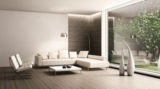 μοντέρνο σαλόνι ξύλινο δάπεδο μινιμαλιστική θέα αυλή γυάλινος τοίχος