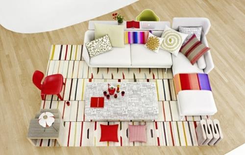 μοντέρνο σαλόνι μοτίβο πολύχρωμες παιχνιδιάρικες ρίγες χαλί καναπέδες