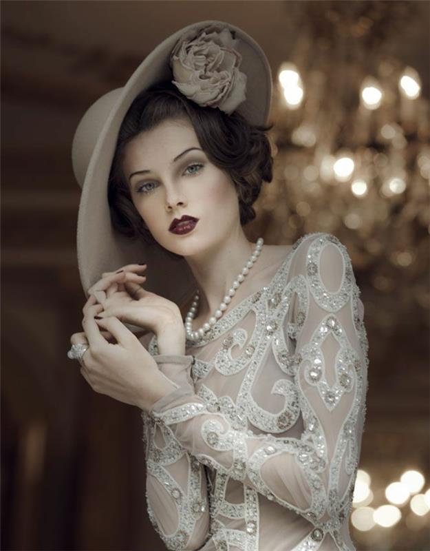 τάσεις μόδας ταινίες μόδας υπέροχο gatsby ρετρό γυναικείο φόρεμα κολιέ με χάντρες καπέλο
