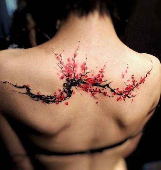 μυστικιστική ιδέα τατουάζ άνθη κερασιάς πίσω