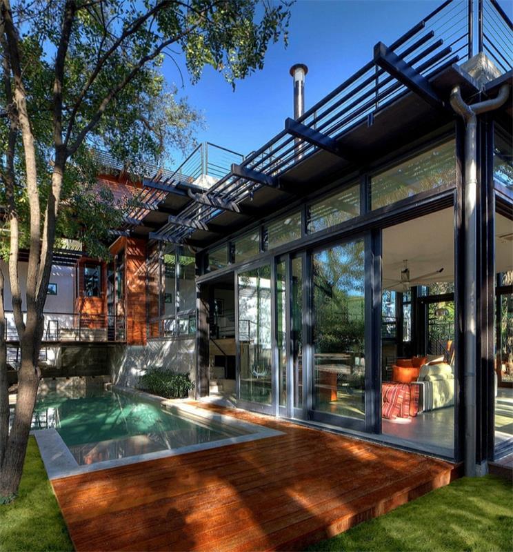 βιώσιμη αρχιτεκτονική πράσινη κατοικία καταστρώματα κήπου πισίνα ξύλινο γυαλί