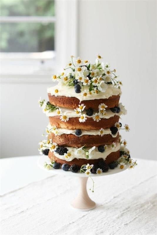 γυμνό καλοκαιρινό κέικ με βατόμουρα και λουλούδια χαμομηλιού