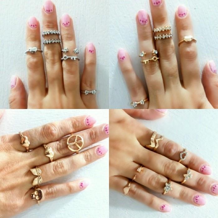 ιδέες σχεδίασης νυχιών καλοκαίρι ροζ ροζ νύχια δαχτύλων δαχτυλίδια χρυσό ασήμι