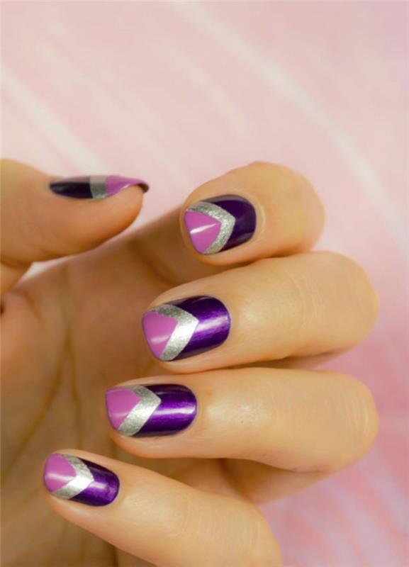 νύχια σχέδια νύχια nailart τρίγωνο μοτίβο μοβ ασημί ροζ βερνίκι νυχιών