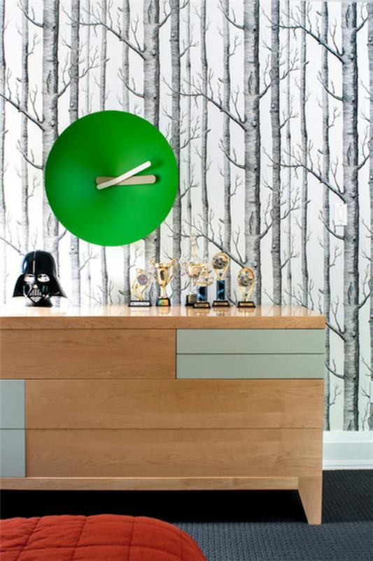 νέο σπίτι χειμερινά δέντρα ταπετσαρία μοτίβο γρασίδι πράσινο ρολόι τοίχου