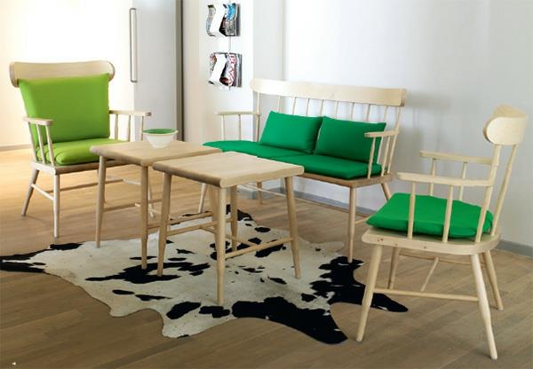 σκανδιναβικές ιδέες σαλονιού σχεδιασμό πράσινα μαξιλάρια καρέκλας