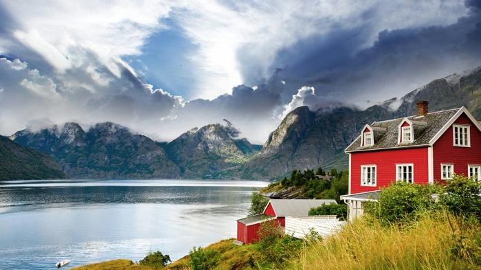 Νορβηγικά φιόρδ νησί lofoten φιόρδ κόκκινο σπίτι