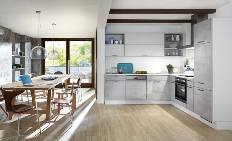 ανοιχτή κουζίνα με ξύλινο πάτωμα τάσεις κουζίνας πέτρινο σκυρόδεμα και μέταλλο