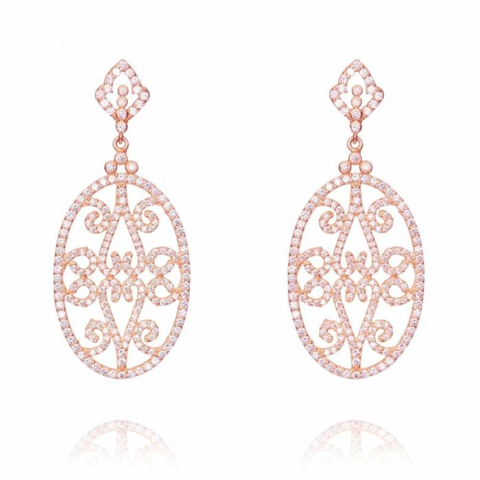 σκουλαρίκια ροζ χρυσό οβάλ σχήμα διαμάντια στρας πολυέλαιος