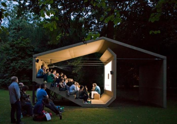 υπαίθριος κινηματογράφος ιδέες δημιουργικού κήπου υπαίθριο σινεμά οροφή διάθεση ηχοσύστημα περίπτερο