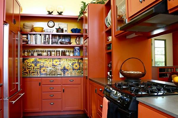 πορτοκαλί ξύλινα έπιπλα έπιπλα οικιακής κουζίνας ντουλάπια πλάκες σόμπα