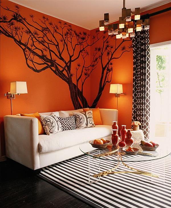 πορτοκαλί ιδέες εσωτερικής διακόσμησης καναπές μαξιλάρια τοίχου