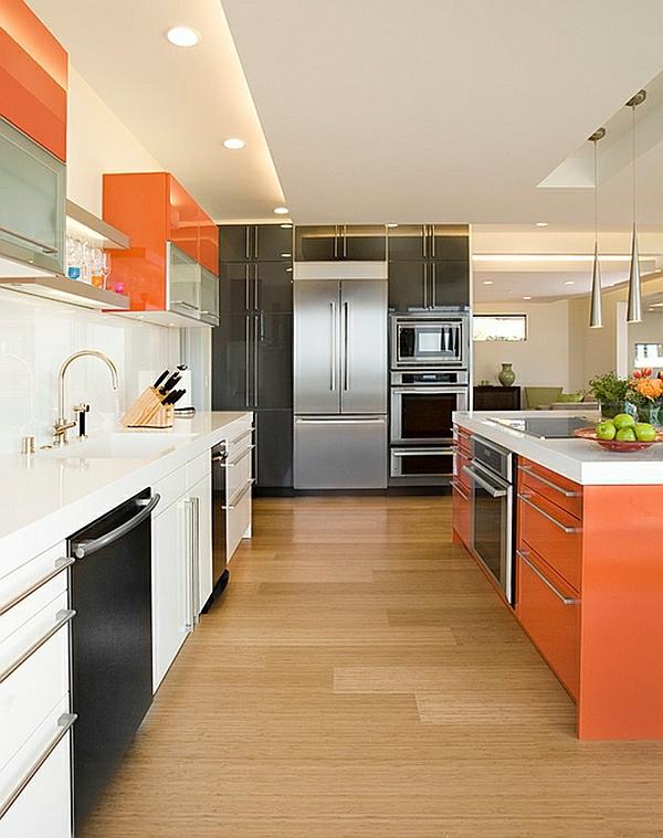 πορτοκαλί χρώματα για ντουλάπια κουζίνας νησί κουζίνας στημένη ζεστή