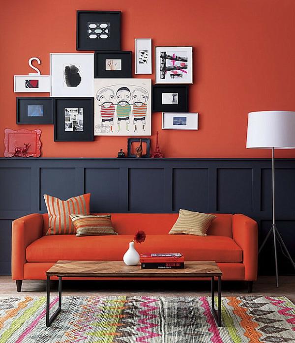 πορτοκαλί καναπές τοίχο σχέδιο χρωματίζει μοντέρνους καναπέδες