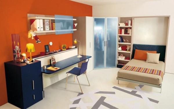 πορτοκαλί τοίχος σχεδιασμός παιδικών δωματίων που εξοικονομούν χώρο έπιπλα