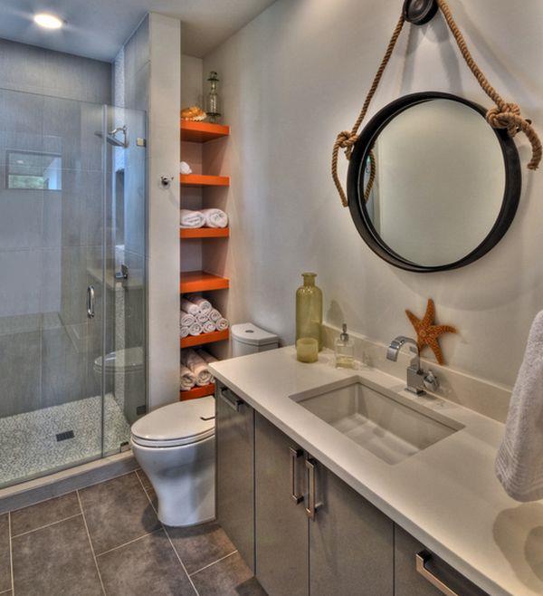 πρωτότυπες ιδέες επίπλωσης στο μπάνιο ανοιχτό ενσωματωμένο ράφι με πορτοκαλί σανίδες