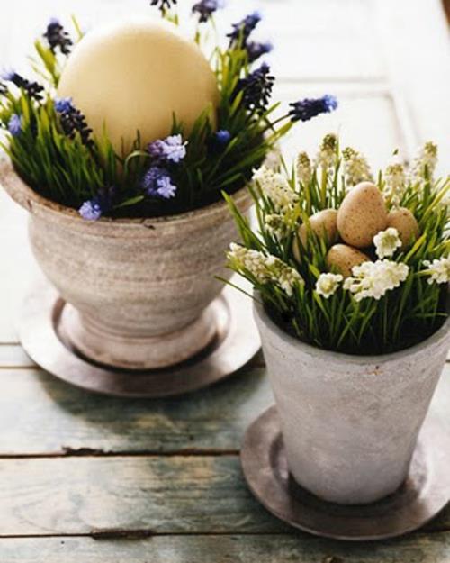 Πασχαλινή διακόσμηση γλάστρες πηλό ανοιξιάτικα λουλούδια αυγά