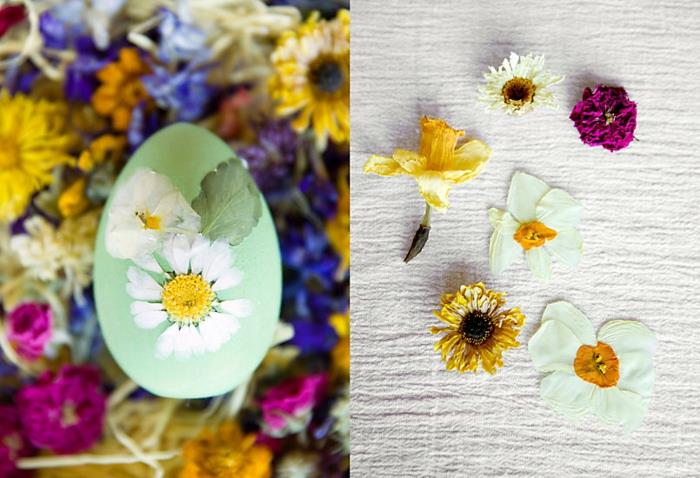 ζωγραφική Πασχαλινά αυγά χειροτεχνίες με παιδιά που διακοσμούν αποξηραμένα λουλούδια