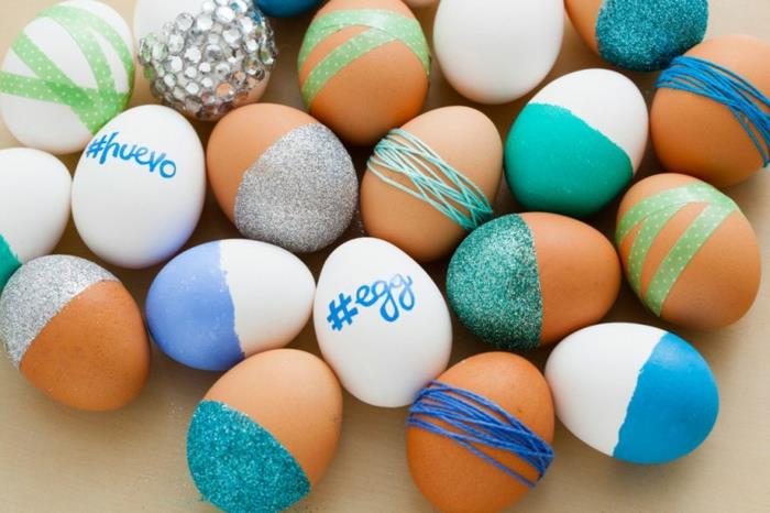 Πασχαλινή αυγό βαφή ιδέες διακόσμησης αυγά diy ιδέες glitter χρώμα νήματα κολλητική ταινία