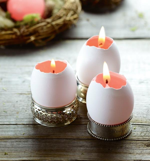 κεριά Πάσχα κελύφη αυγών λευκά χαρτοπετσέτες δαχτυλίδια ασημί