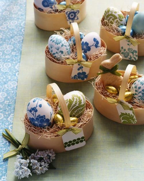 Πασχαλινή διακόσμηση 2014 Πασχαλινά αυγά λουλούδια μοτίβο μπλε καλάθια