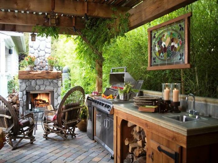 υπαίθρια ντουλάπια κουζίνας τζάκι πέτρινη πολυθρόνα κήπου