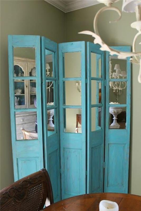 οθόνες diy ιδέες διαχωριστικά δωματίων ξύλινες πόρτες μπλε καθρέφτης diycraftsdecor