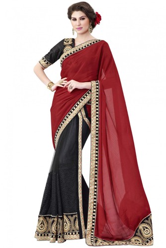 Parti Giyimi Sari-Ağır Kırmızı Şifon Sari