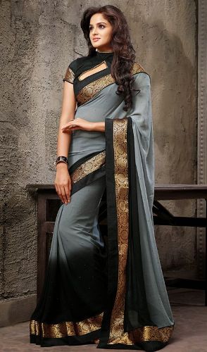 Parti Giyim Sarees-Siyah ve Gri Tasarımcı Saree