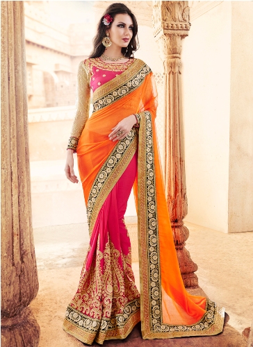 Parti Kıyafeti Sarees-Koyu Pembe ve Turuncu Tasarımcı Saree