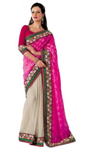 Parti Kıyafeti Sarees-Büyüleyici Pembe Hintli Tasarımcı Parti Kıyafeti Saree