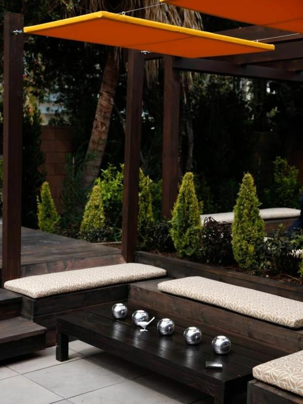 αυλή κήπου ιδέες πέργκολα μοντέρνα καθίσματα πάγκου