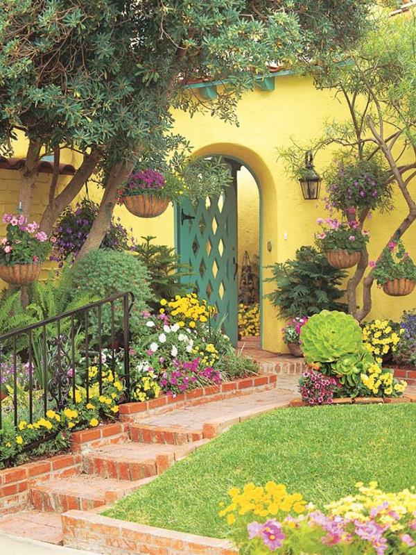 μπροστά ιδέες σχεδιασμού κήπου κίτρινο σπίτι πράσινη είσοδο