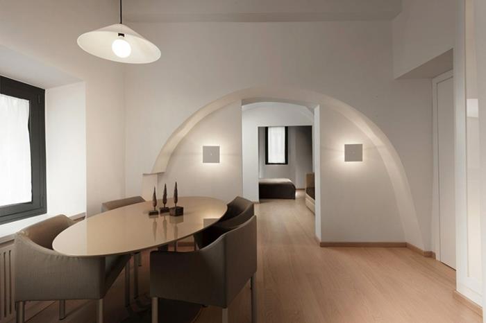 ρετιρέ διαμέρισμα ρώμη μικρό διαμέρισμα arcade μινιμαλιστικό εσωτερικό σχέδιο οβάλ τραπεζαρία