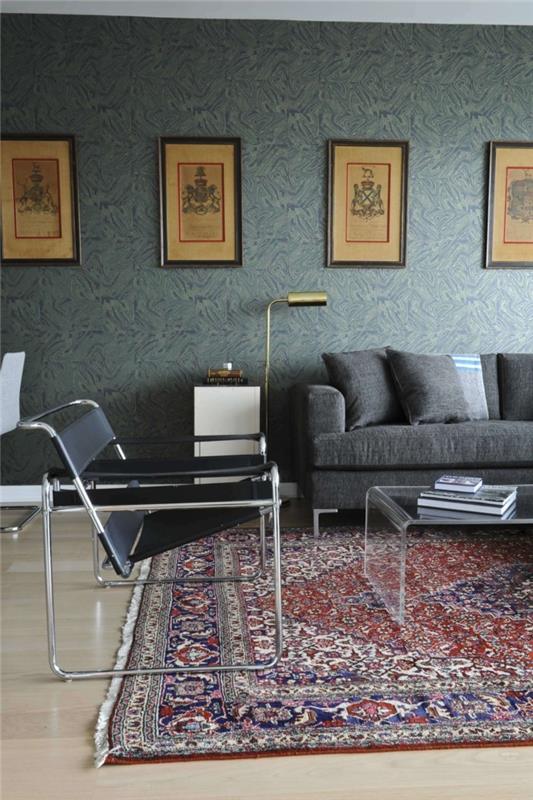 περσικά χαλιά σαλόνι γκρι καναπές διαφανές τραπεζάκι σαλονιού