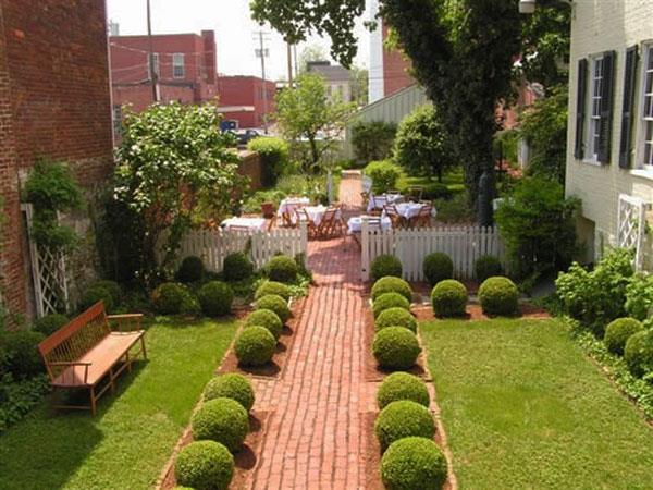 πλακόστρωτο μονοπάτι πάγκος κήπος ιδέα αυλή