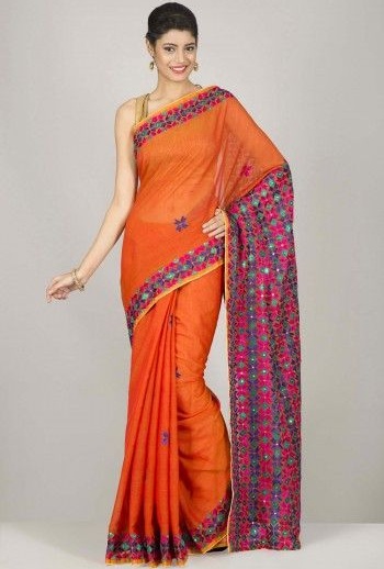 Net Phulkari Sari
