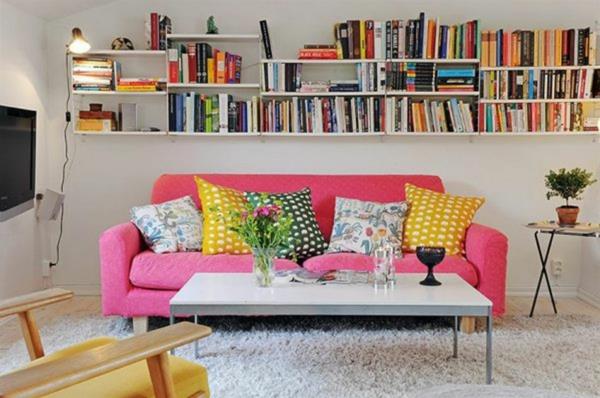 ροζ σαλόνι καναπές χρώμα σχεδιαστικές ιδέες χρώμα τοίχου λευκό