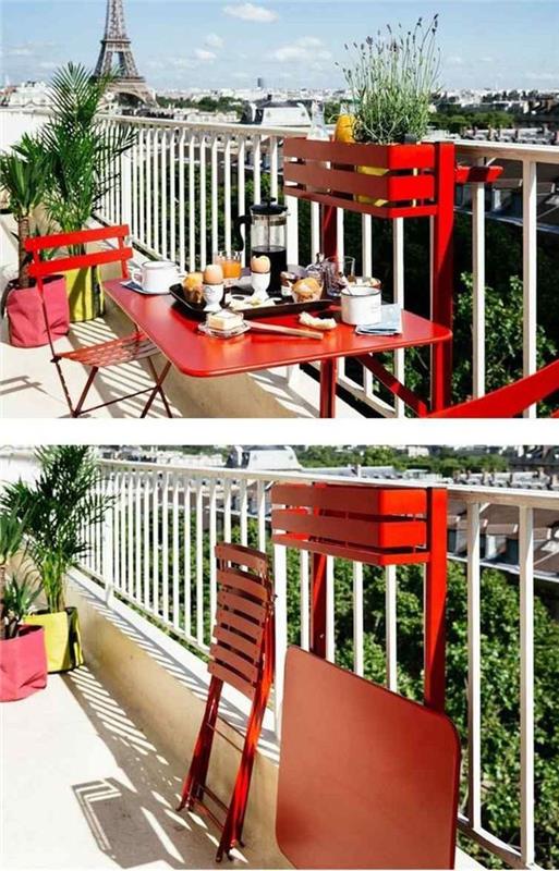 έπιπλα εξοικονόμησης χώρου μικρό μπαλκόνι σχεδιασμό ολόκληρο μπαλκόνι πτυσσόμενες καρέκλες κόκκινο