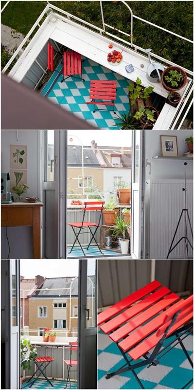 έπιπλα εξοικονόμησης χώρου μικρό μπαλκόνι σχεδιασμό ολόκληρο μπαλκόνι κόκκινη καρέκλα