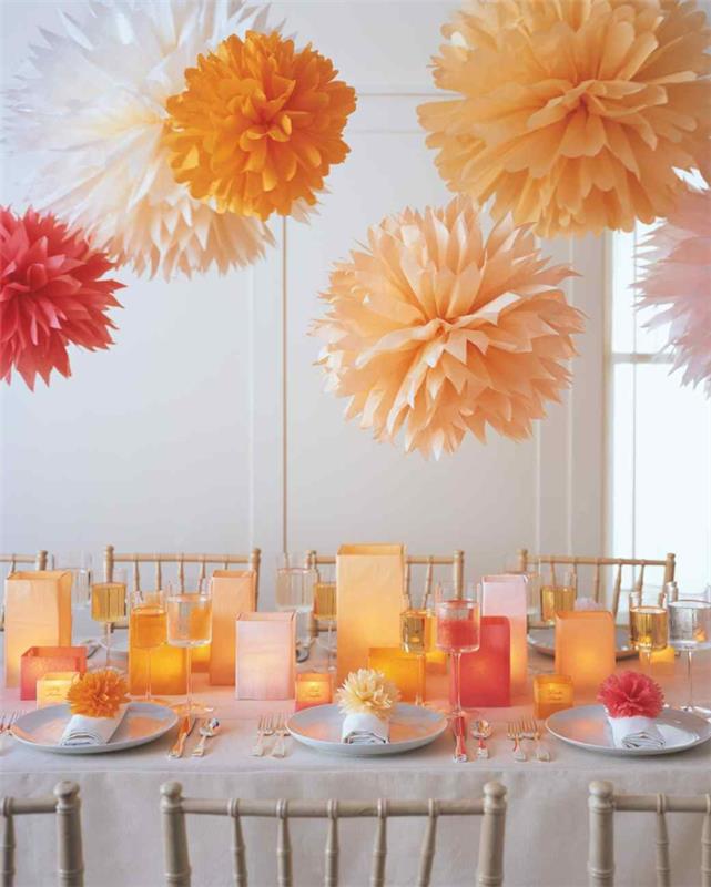 tinker pompoms μόνος σας πορτοκαλί κόκκινο λευκό διακοσμητικό τραπέζι γενέθλια