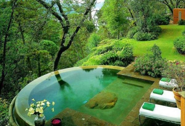 κήπος με σχεδιασμό πισίνας εξωτερικός χώρος πολυτελής δασική φύση πράσινο φρέσκο