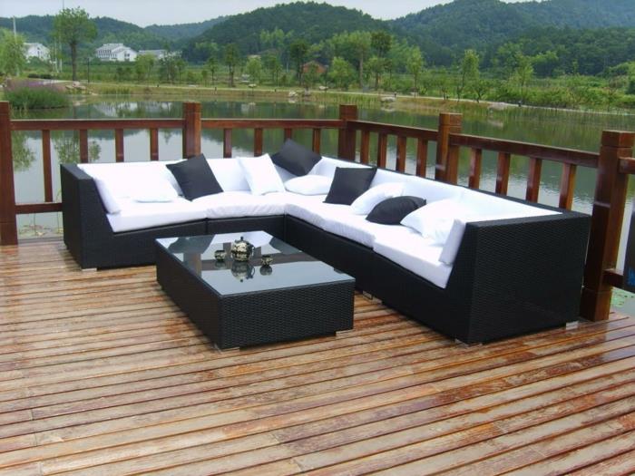καναπές μπαστούνι κήπος γωνιακός καναπές λευκά μαξιλάρια καθισμάτων μαύρα μαξιλάρια ρίψης
