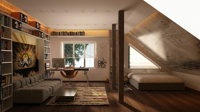 εσωτερική διακόσμηση σοφίτα κεκλιμένη στέγη γραφείο καναπές τραπεζάκι σαλονιού χαλί διπλό κρεβάτι